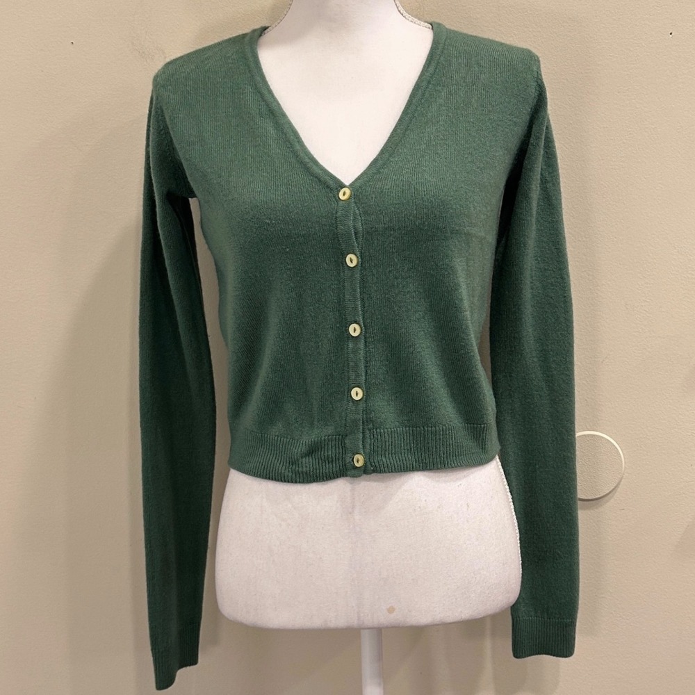 Clueless Movie Merch Sage Green Cropped V-Neck Button Front Cardigan Sweater XS